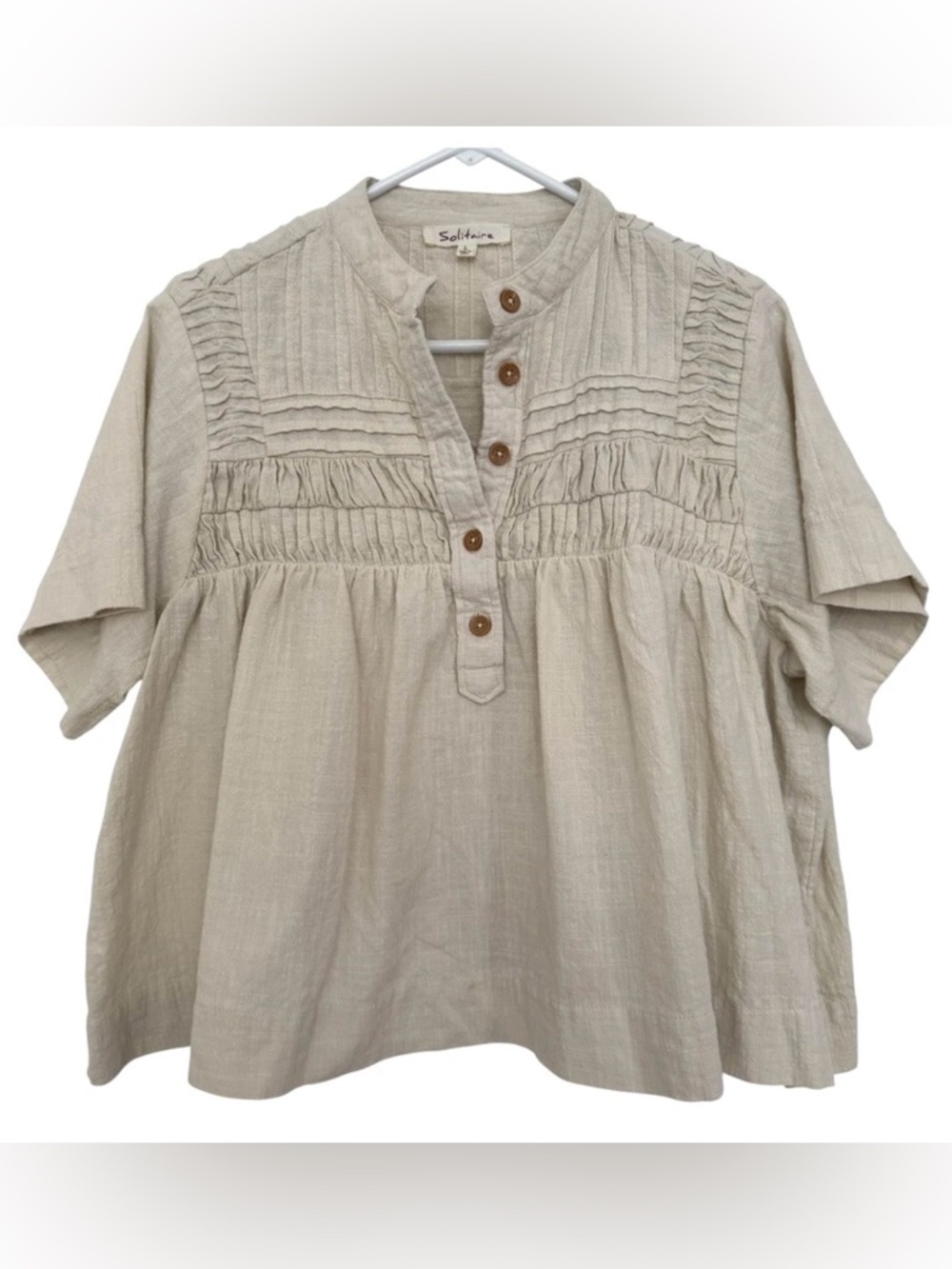 Solitaire Natural Beige Pintuck Button Front Blouse